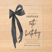水エレガント色ブラックボウ16th誕生日パーティー アクリル招待状 (正面)