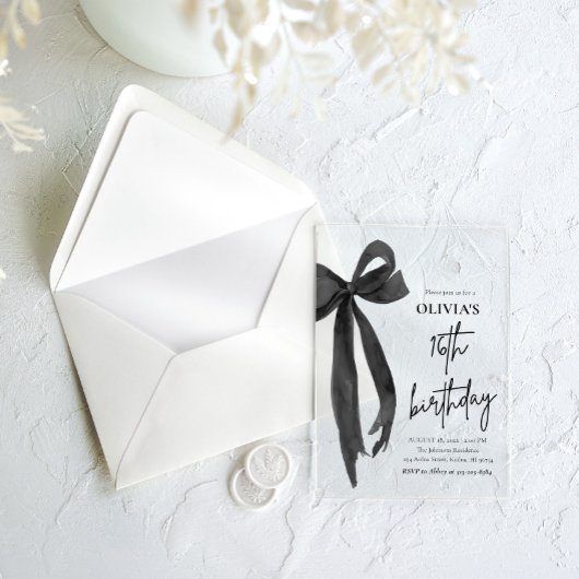 水エレガント色ブラックボウ16th誕生日パーティー アクリル招待状