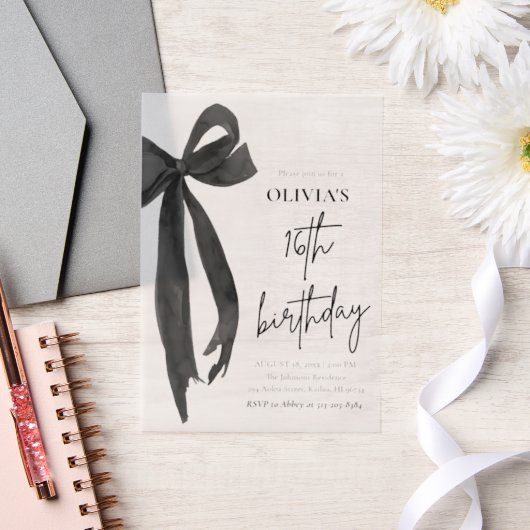 水エレガント色ブラックボウ16th誕生日パーティー ベラム紙招待状 (ウェディング)