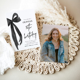 水エレガント色ブラックボウ16th誕生日パーティー 招待状