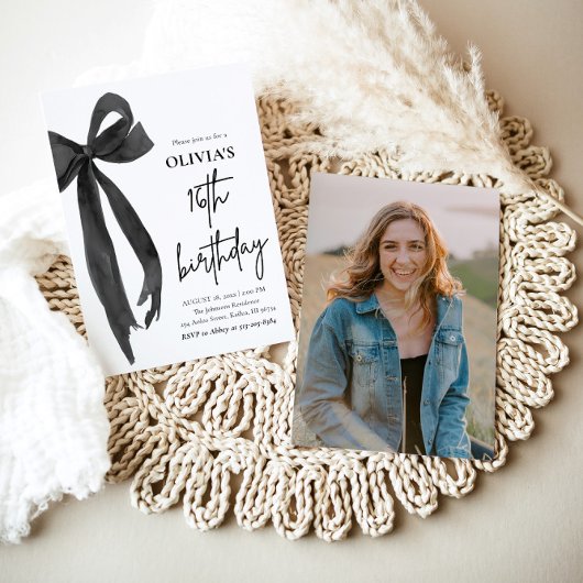 水エレガント色ブラックボウ16th誕生日パーティー 招待状