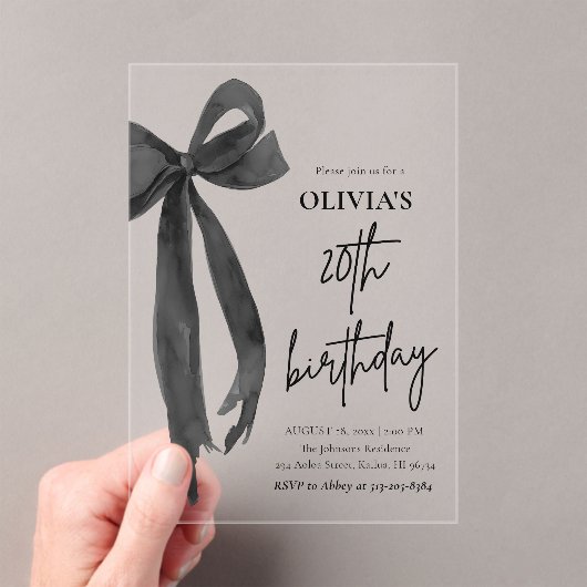 水エレガント色ブラックボウ20th誕生日パーティー アクリル招待状 (インサイチュ (ポータブル))