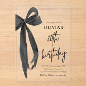 水エレガント色ブラックボウ20th誕生日パーティー アクリル招待状 (正面)