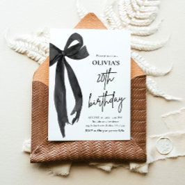 水エレガント色ブラックボウ20th誕生日パーティー 招待状