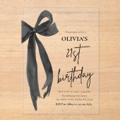 水エレガント色ブラックボウ21th誕生日パーティー アクリル招待状 (正面)
