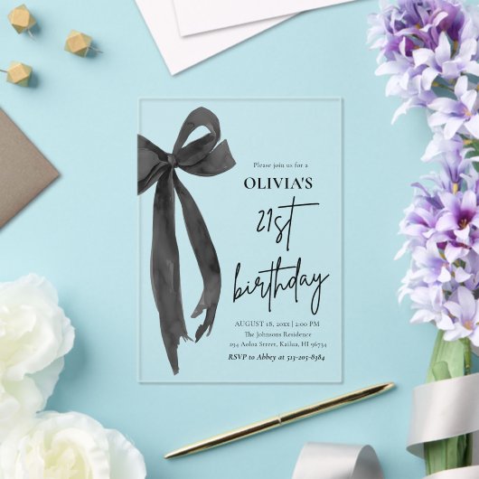 水エレガント色ブラックボウ21th誕生日パーティー アクリル招待状 (インサイチュ (ウェディング))