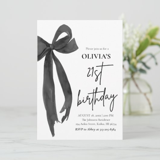 水エレガント色ブラックボウ21th誕生日パーティー 招待状 (スタンド正面)