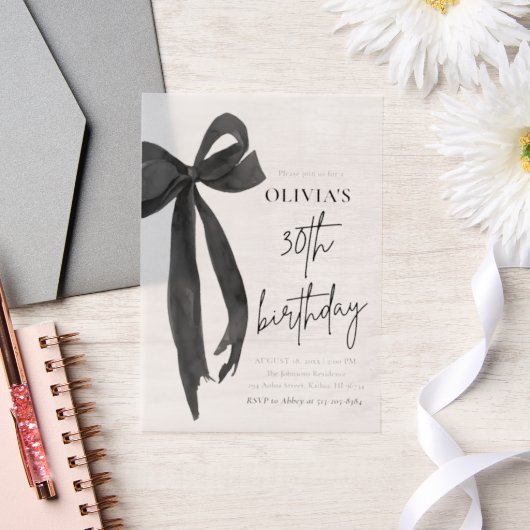 水エレガント色ブラックボウ30th誕生日パーティー ベラム紙招待状 (ウェディング)