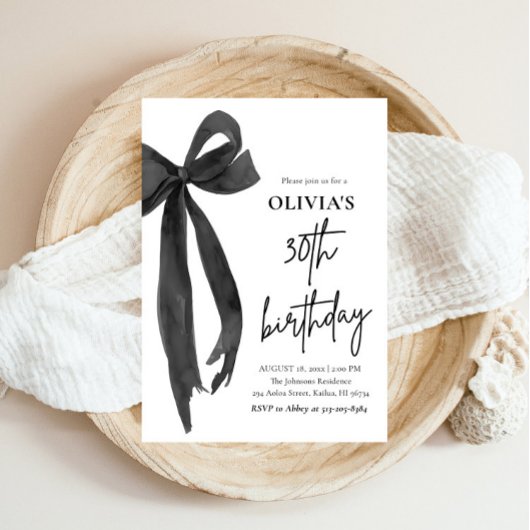 水エレガント色ブラックボウ30th誕生日パーティー 招待状