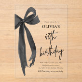 水エレガント色ブラックボウ40th誕生日パーティー アクリル招待状 (正面)