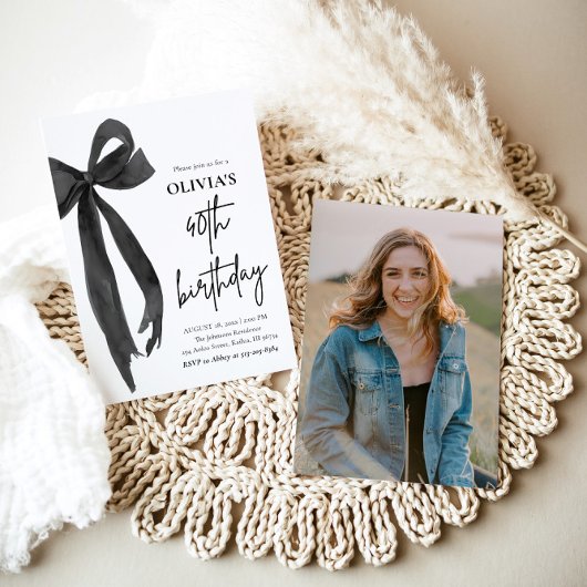 水エレガント色ブラックボウ40th誕生日パーティー 招待状