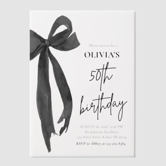水エレガント色ブラックボウ50th誕生日パーティー ベラム紙招待状 (正面)