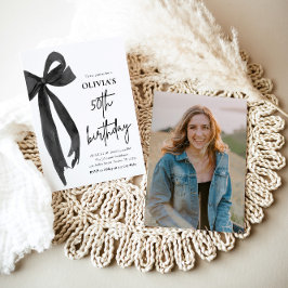 水エレガント色ブラックボウ50th誕生日パーティー 招待状