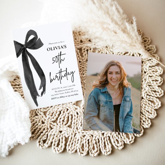 水エレガント色ブラックボウ50th誕生日パーティー 招待状