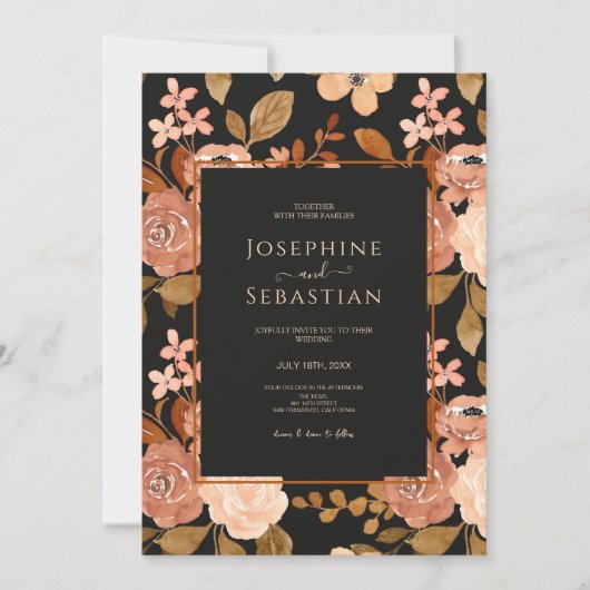 水エレガント色ブラックボホフローラ結婚ズ 招待状 (正面)