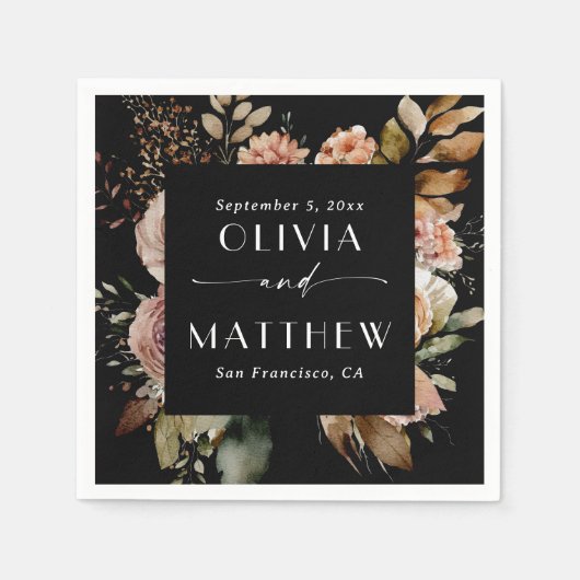 水エレガント色ブラック秋ボホフローラ結婚ズ スタンダードカクテルナプキン (正面)
