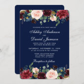水エレガント色ブルガンディーブルーフローラ結婚ズ 招待状 (正面/裏面)