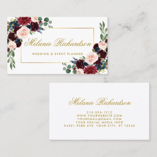 水エレガント色ブルガンディーブルーフローラ金ゴールド 名刺 (正面/裏面)