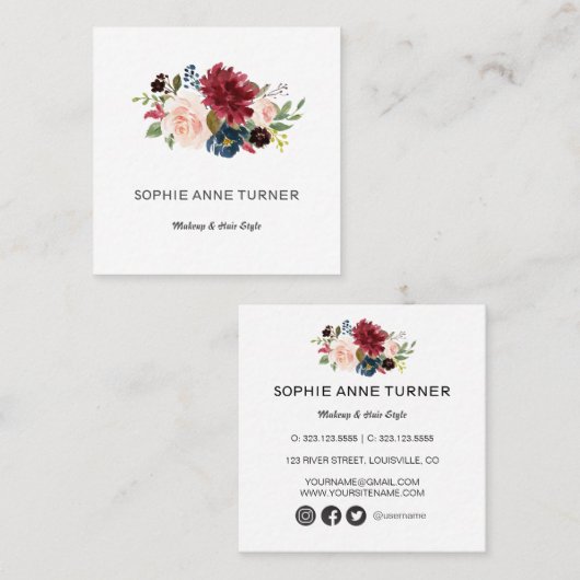 水エレガント色ブルゴーニュの花メイクアップアーティスト スクエア名刺 (正面/裏面)