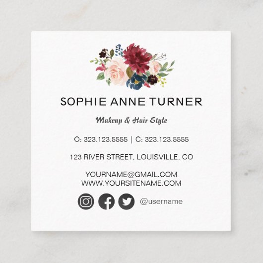 水エレガント色ブルゴーニュの花メイクアップアーティスト スクエア名刺 (裏面)