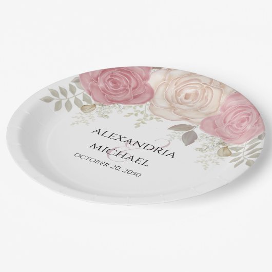 水エレガント色ブルゴーニュフローラ結婚ズシンプル ペーパープレート (アングル)