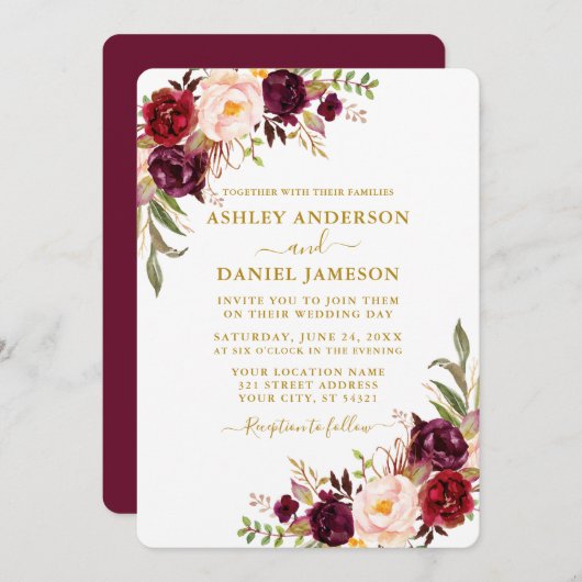 水エレガント色ブルゴーニュフローラ結婚ズ金ゴールド 招待状 (正面/裏面)