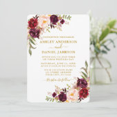 水エレガント色ブルゴーニュフローラ結婚ズ金ゴールド 招待状 (スタンド正面)