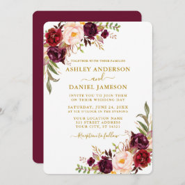 水エレガント色ブルゴーニュフローラ結婚ズ金ゴールド 招待状