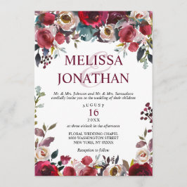 水エレガント色ブルゴーニュフローラ結婚ズ 招待状