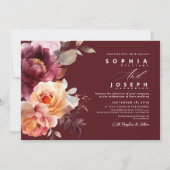 水エレガント色ブルゴーニュフローラ結婚ズ 招待状 (正面)