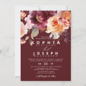 水エレガント色ブルゴーニュフローラ結婚ズ 招待状 (正面)