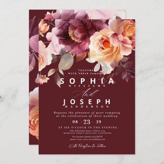 水エレガント色ブルゴーニュフローラ結婚ズ 招待状 (正面/裏面)