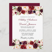 水エレガント色ブルゴーニュフローラ結婚ズ 招待状 (正面/裏面)