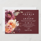 水エレガント色ブルゴーニュフローラ結婚ズ 招待状 (正面)