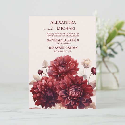 水エレガント色ブルゴーニュ結婚ダリア 招待状 (スタンド正面)