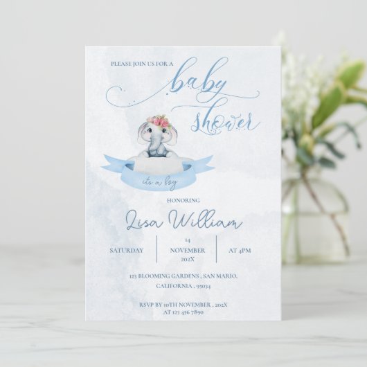 水エレガント色ブルーかわいい象の赤ちゃんシャワー 招待状 (スタンド正面)