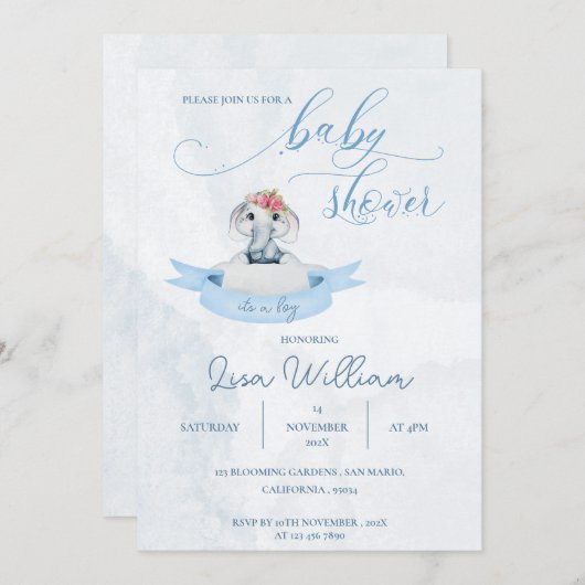 水エレガント色ブルーかわいい象の赤ちゃんシャワー 招待状 (正面/裏面)