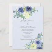 水エレガント色ブルーとアイボリーバラ結婚 招待状 (正面)