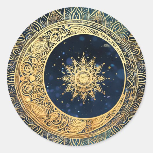 水エレガント色ブルーと金ゴールドマンダラサンスターズ ラウンドシール (正面)