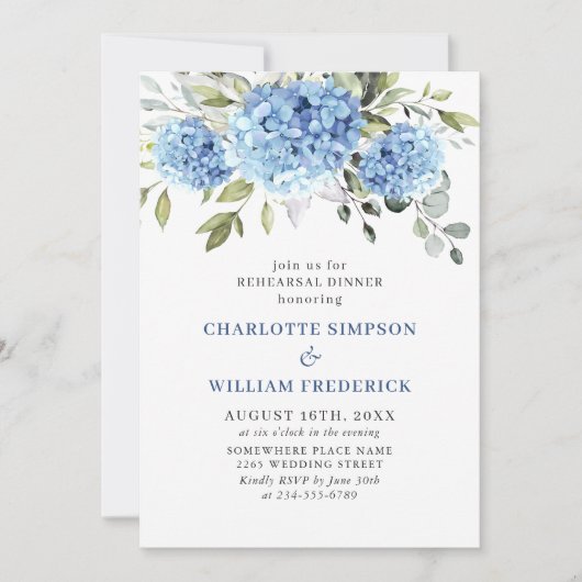 水エレガント色ブルーアジサイのリハーサルディナー 招待状 (正面)