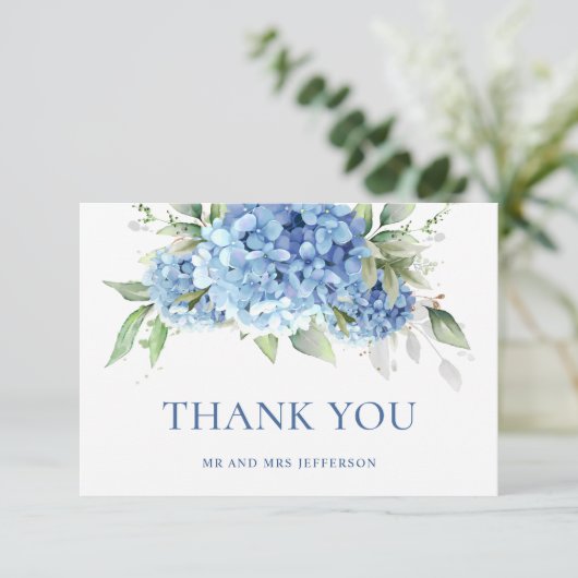 水エレガント色ブルーアジサイフローラ サンキューカード (スタンド正面)