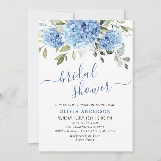 水エレガント色ブルーアジサイブライダルシャワー 招待状 (正面)