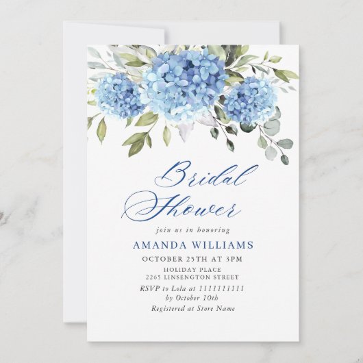 水エレガント色ブルーアジサイブライダルシャワー 招待状 (正面)