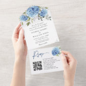 水エレガント色ブルーアジサイQRコー結婚ド オールインワン招待状 (貼ってはがせる)