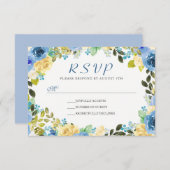 水エレガント色ブルーイエローフローラリースRSVP 出欠カード (正面/裏面)