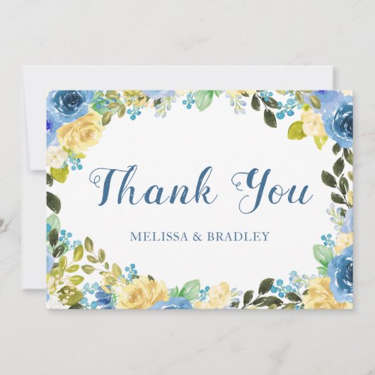水エレガント色ブルーイエローローズ庭園の結婚式 サンキューカード (正面)