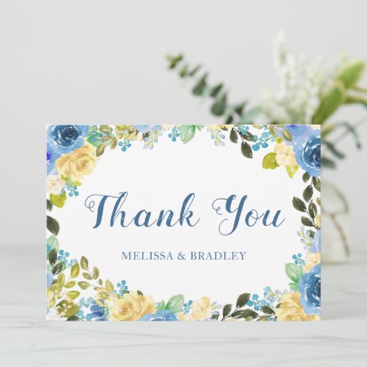 水エレガント色ブルーイエローローズ庭園の結婚式 サンキューカード (スタンド正面)