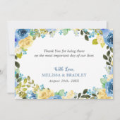 水エレガント色ブルーイエローローズ庭園の結婚式 サンキューカード (裏面)