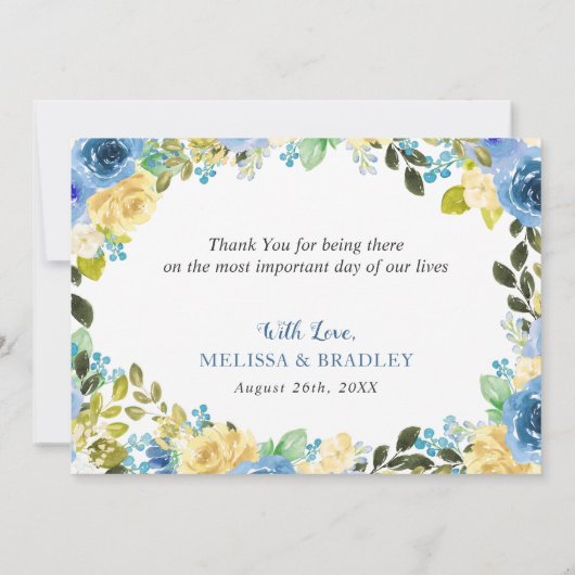 水エレガント色ブルーイエローローズ庭園の結婚式 サンキューカード (裏面)