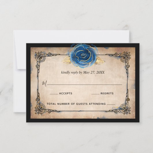水エレガント色ブルーバラ金ゴールド素朴結婚の 出欠カード (正面)